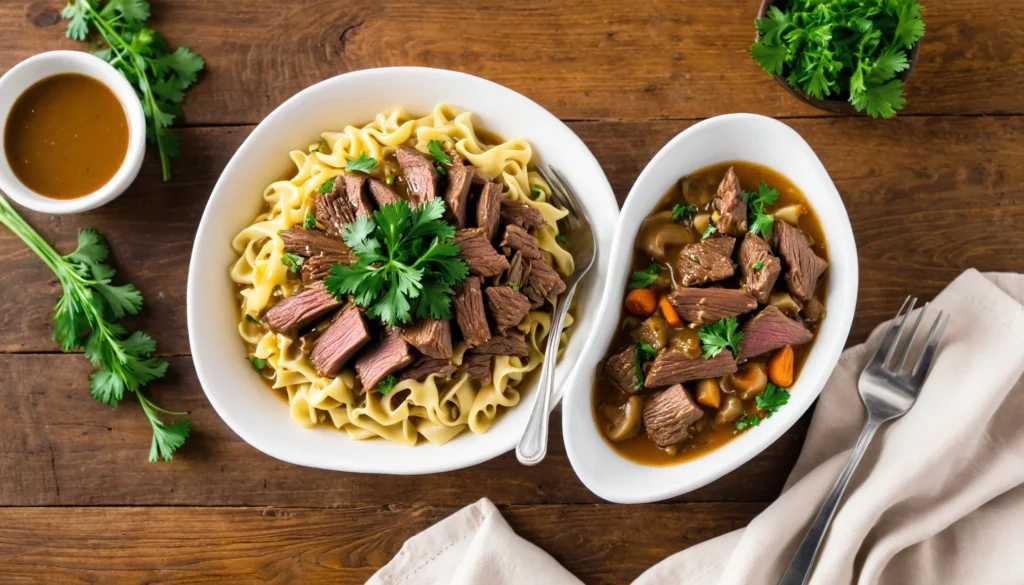 Ingredients for Crockpot Beef and Noodles recipe arranged on a rustic wooden table, including beef, egg noodles, beef broth, onions, garlic, and seasonings.