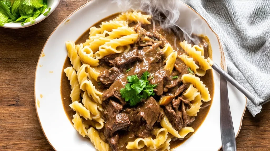 A homemade Crockpot Beef and Noodles dish featuring tender beef, egg noodles, and rich gravy, garnished with fresh parsley and served on a rustic wooden table.