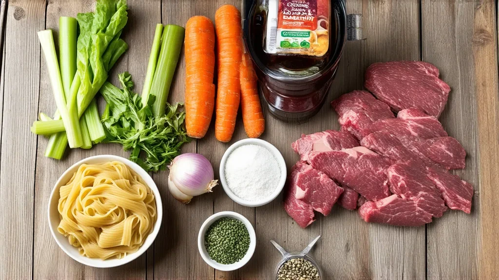 Ingredients for Crockpot Beef and Noodles recipe, including beef chunks, egg noodles, beef broth, and vegetables, arranged on a rustic table.