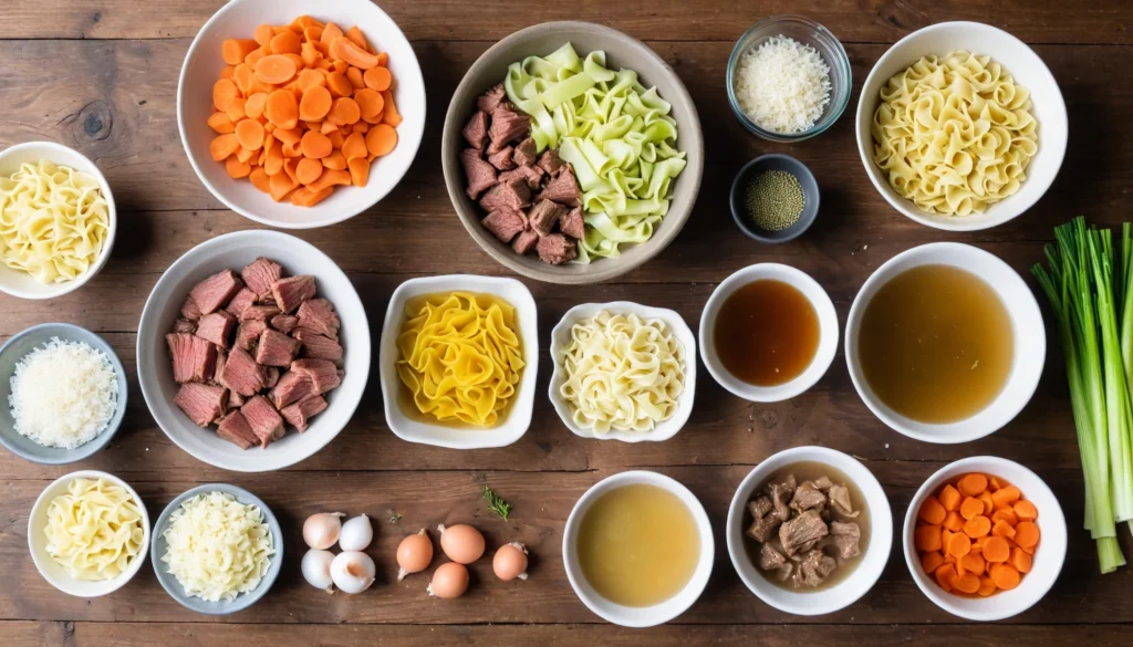 Step-by-step preparation of Crockpot Beef and Noodles with tender beef, egg noodles, and flavorful broth, captured in a cozy kitchen setting.