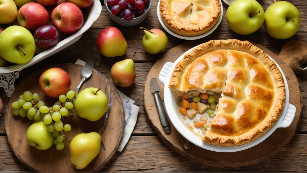 Chicken pot pie surrounded by fresh fruits like apples, grapes, and pears for a balanced meal.