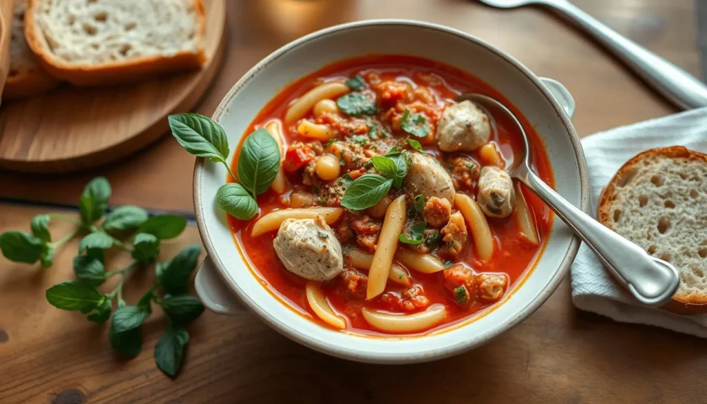 Italian pasta e fagioli bowl with pulled chicken, ditalini pasta, cannellini beans, and aromatics in a rich tomato broth, garnished with fresh herbs