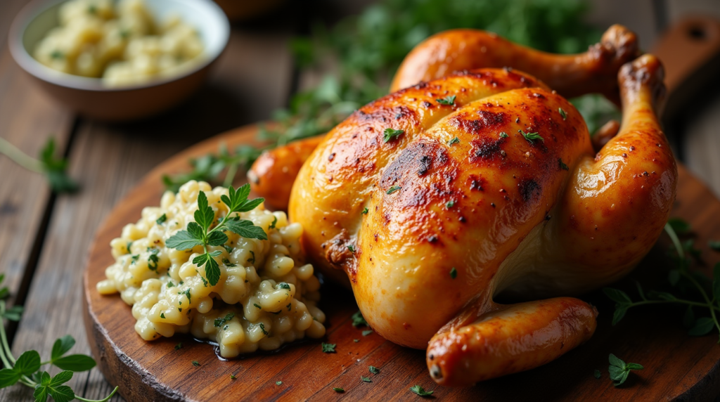 Classic chicken and dressing served with golden, crispy edges, garnished with fresh herbs, and accompanied by a side of seasonal vegetables.