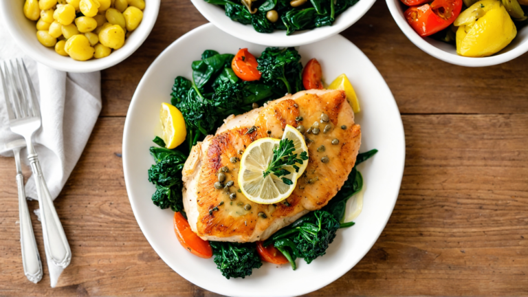 Gluten-Free Chicken Piccata with crispy chicken, lemon sauce, capers, and sautéed spinach on a white plate.