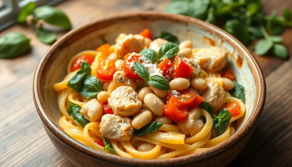 Light and nutritious pasta fazool featuring lean chicken breast, whole grain pasta, beans, and vegetables in a clear broth