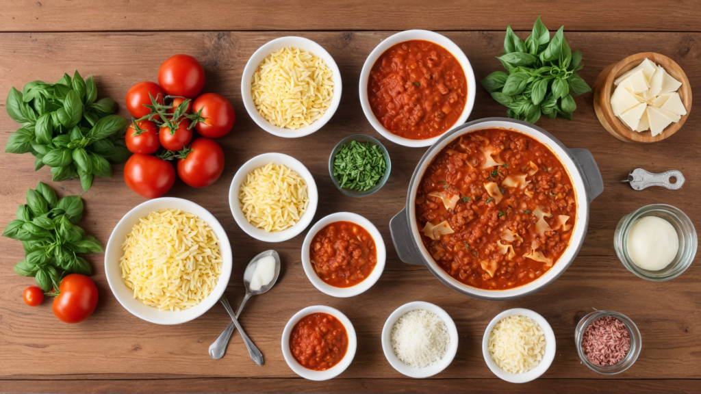 Ingredients for Lasagna Soup with Orzo: fresh tomatoes, ground beef, onions, garlic, Italian herbs, orzo pasta, parmesan cheese, fresh basil, and tomato sauce.