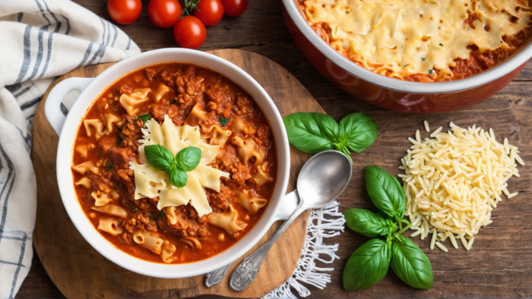 Bowl of Lasagna Soup with Orzo, featuring a rich tomato-based broth, hearty meat, creamy melted cheese, and tender orzo pasta, garnished with basil and parmesan.