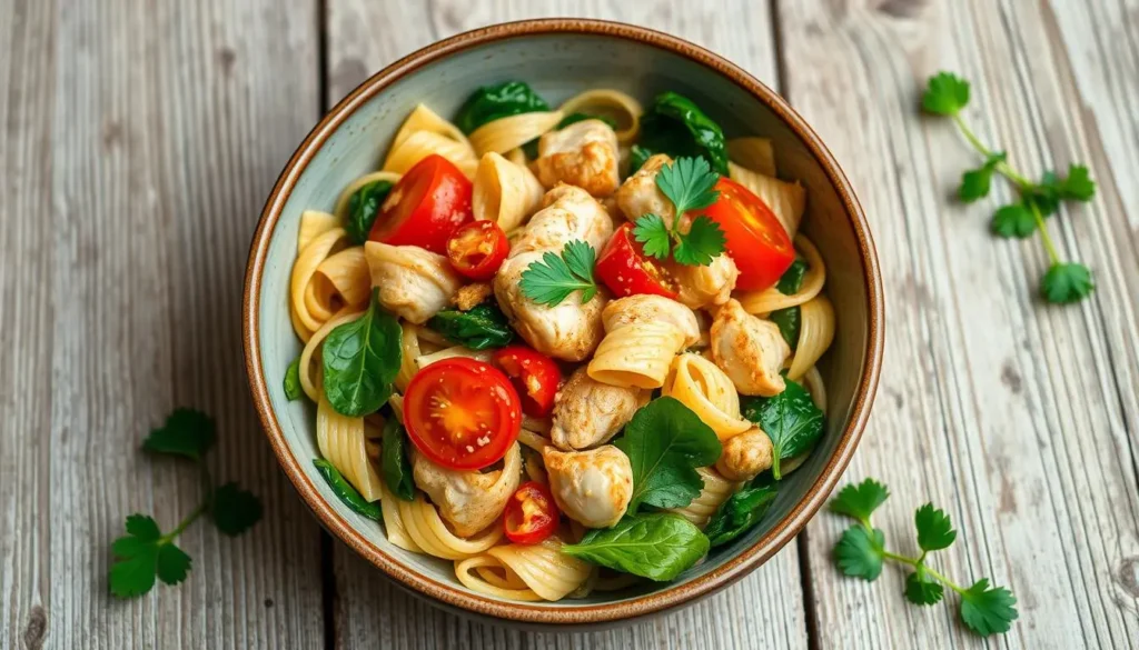 Rustic bowl of pasta fazool with shredded chicken, ditalini pasta, and cannellini beans in herb-seasoned broth, topped with parmesan and fresh basil