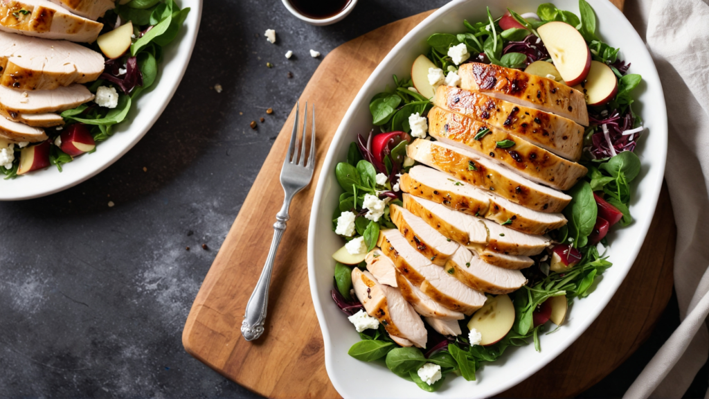 Salad Apple Feta Chicken with Balsamic glaze drizzled over fresh greens, apple wedges, chicken slices, and feta cheese.