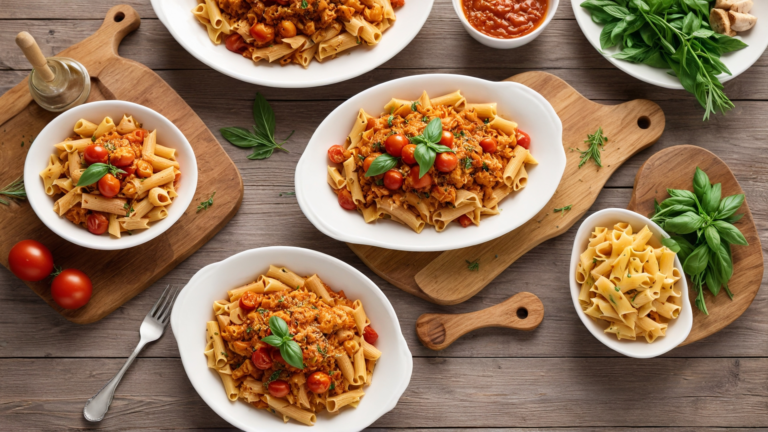 Spicy turkey tomato pasta with a rich red sauce and fresh herbs.