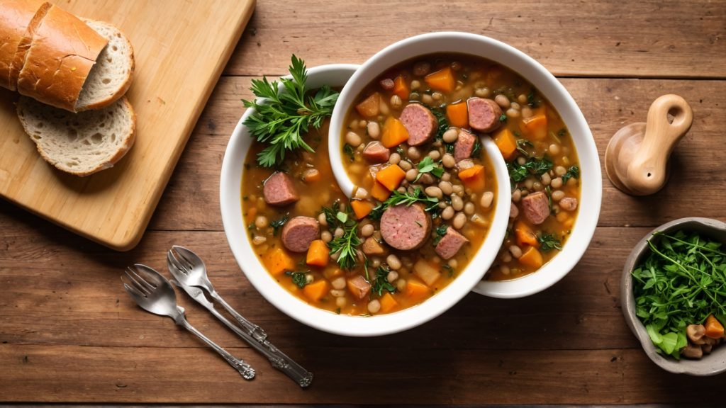 A bowl of hearty turkey sausage and lentil soup with vegetables, garnished with fresh herbs.