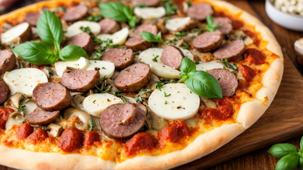 Turkey sausage and mushroom pizza with melted mozzarella, served on a rustic wooden pizza board