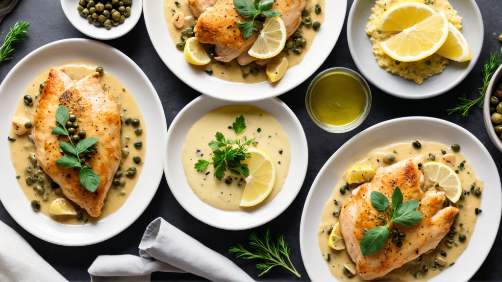 Variations of gluten-free chicken piccata with almond flour crust, white wine sauce, and coconut milk sauce, garnished with lemon slices and capers.