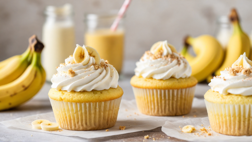 Step-by-step process of making banana pudding cupcakes, showing ingredients and preparation steps like mixing, filling with pudding, and topping with vanilla wafers