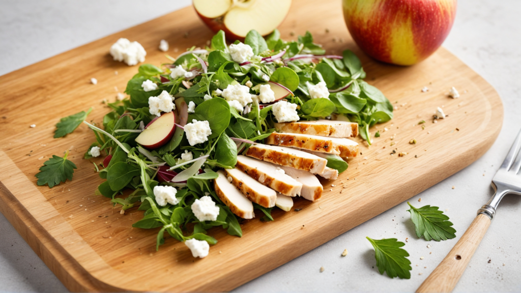 Fresh Salad with Apple, Feta, and Chicken slices topped with greens and vibrant ingredients.