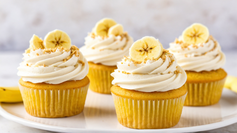 Banana pudding cupcakes with creamy pudding filling, topped with crushed vanilla wafers and fresh banana slices.