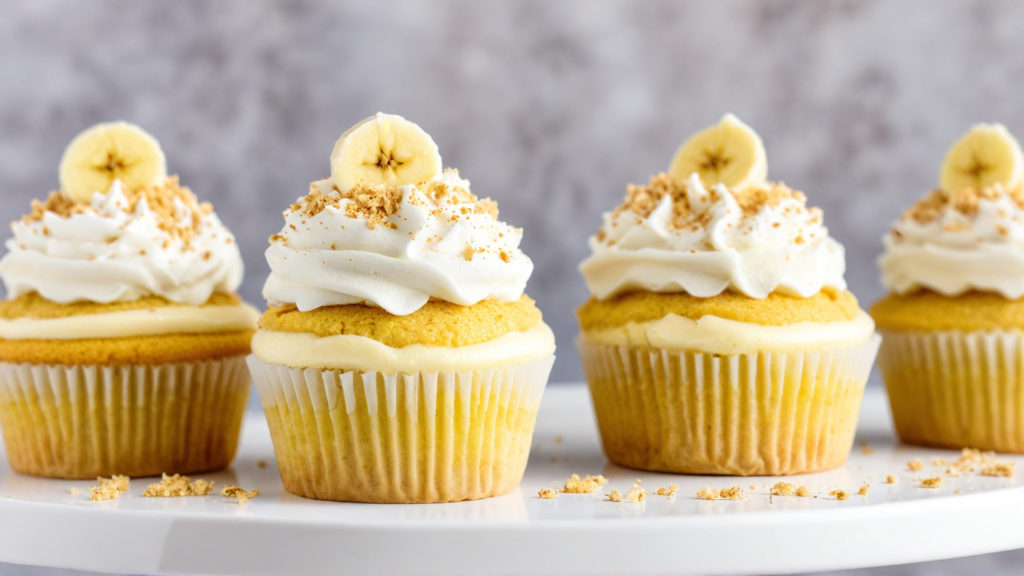 Banana pudding cupcakes with creamy pudding filling, topped with crushed vanilla wafers and fresh banana slices.