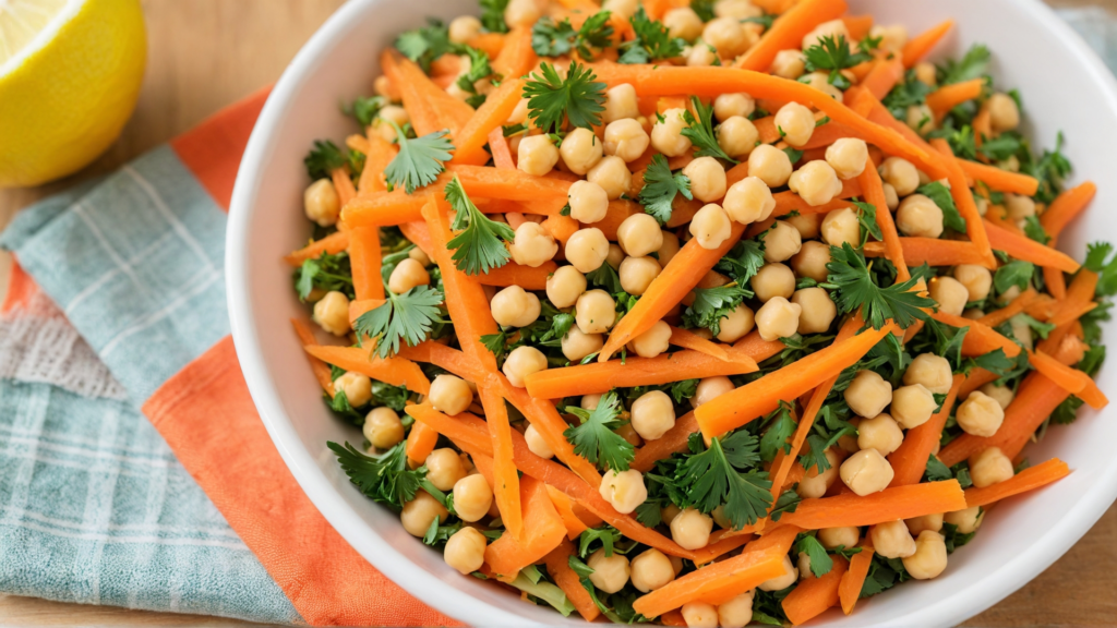 A vibrant carrot and chickpea salad with parsley and lemon, garnished with fresh parsley and lemon slices, served in a bowl for a healthy meal.