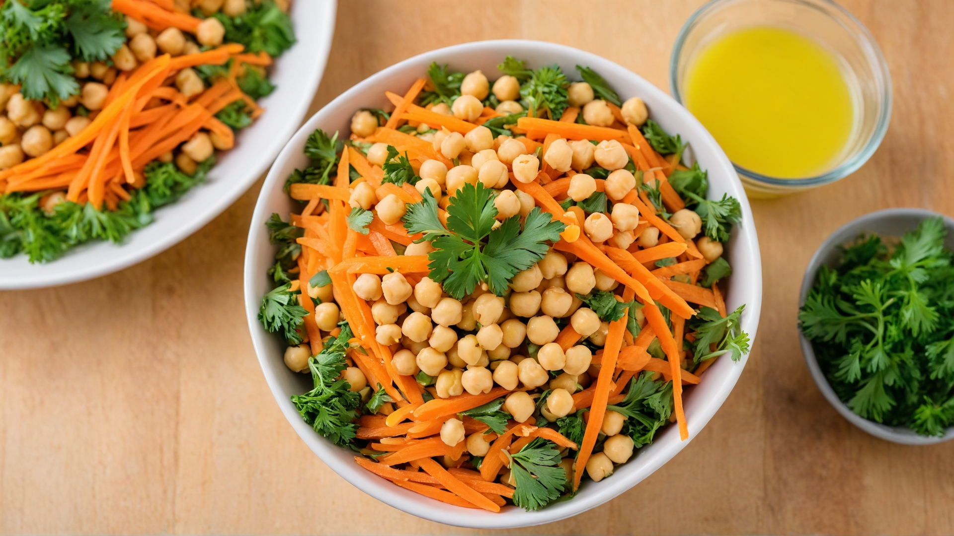 Carrot and chickpea salad with parsley lemon, garnished with fresh lemon slices and olive oil, showcasing a vibrant, healthy dish