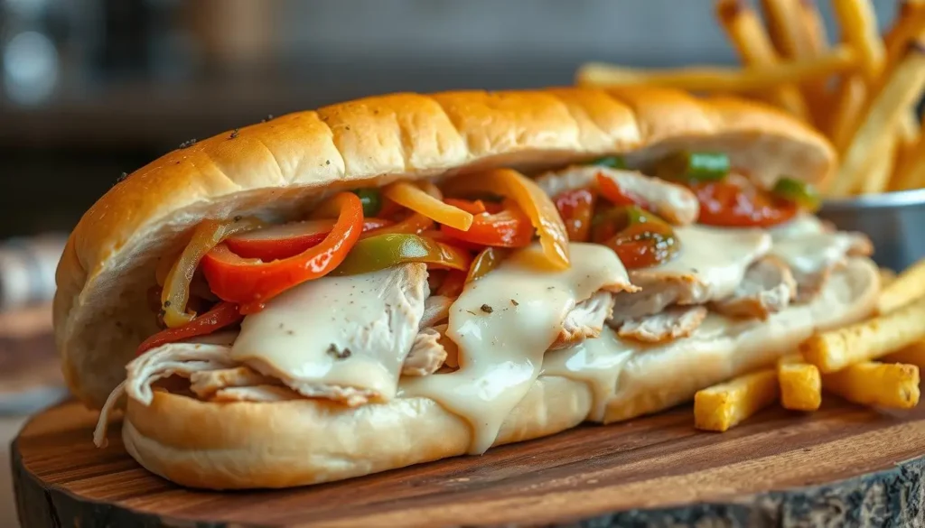 Chicken Philly Cheesesteak sandwich with grilled chicken, melted cheese, sautéed peppers and onions