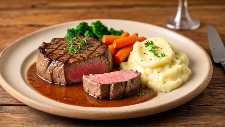 Deer Meat Cube Steak Recipes served with roasted vegetables, mashed potatoes, and a rich gravy, garnished with fresh herbs.