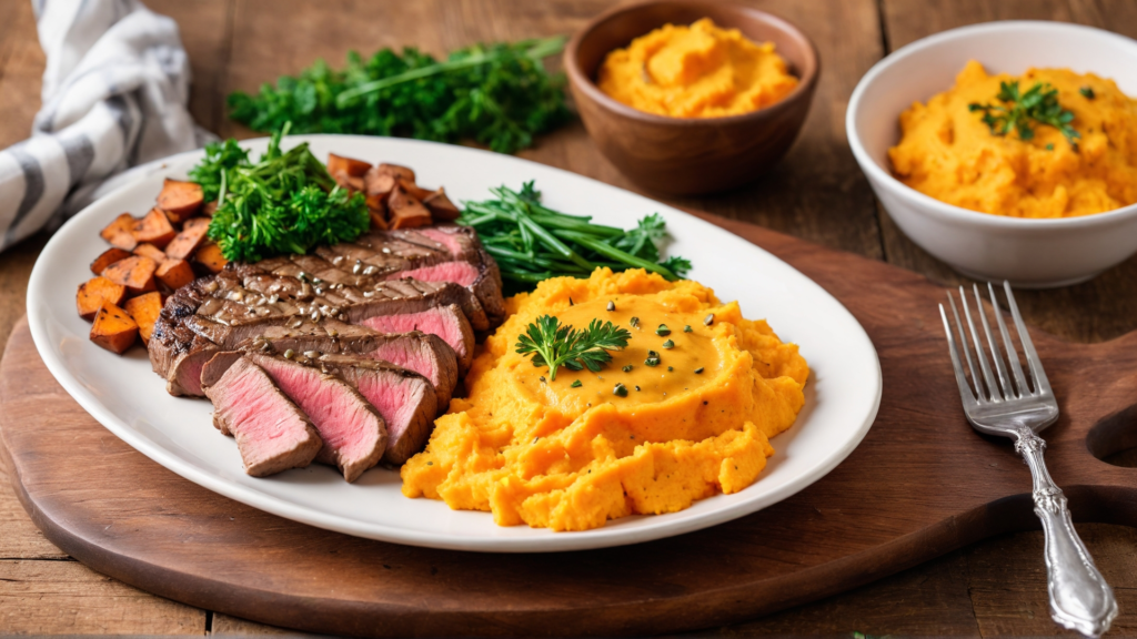 Deer meat cube steak with a golden crust served with creamy sweet potato mash, garnished with fresh herbs and a savory sauce.