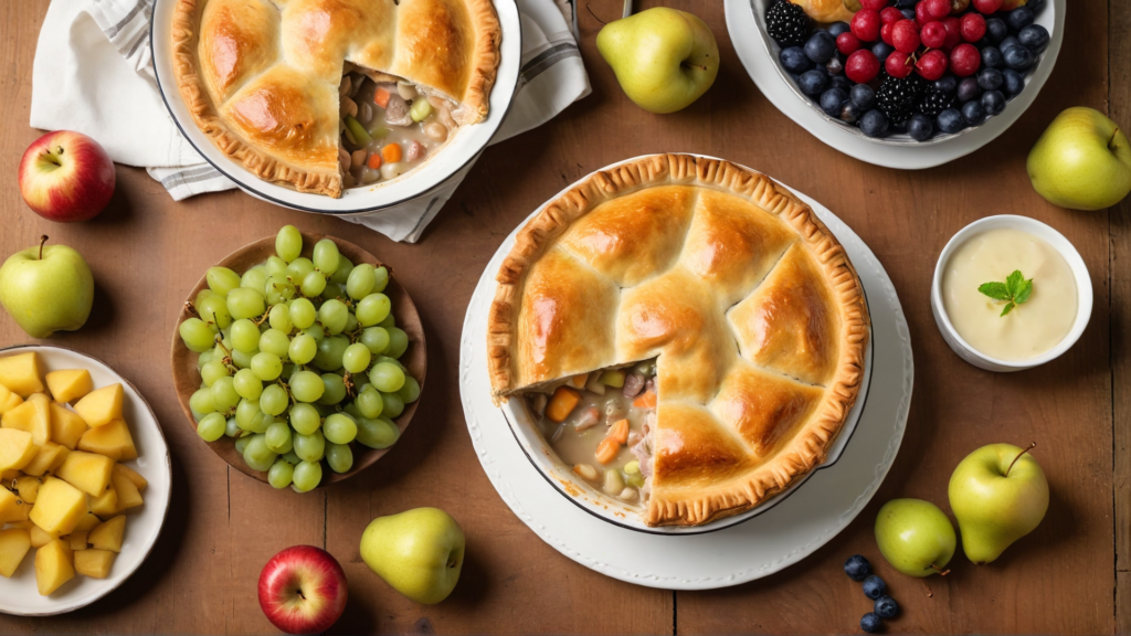 Fresh fruits to go with chicken pot pie, including apples, pears, and grapes, paired with a golden chicken pot pie.