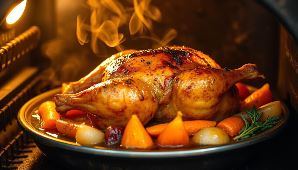 A beautifully cooked braised chicken with golden-brown crispy skin, surrounded by carrots and onions, with steam rising and a savory sauce pooling around the chicken.