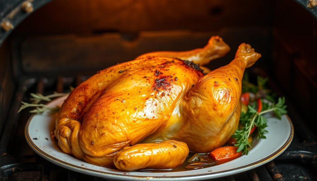 A beautifully plated braised chicken with golden crispy skin, surrounded by herbs and spices, with roasted vegetables on the side and warm light highlighting the texture.