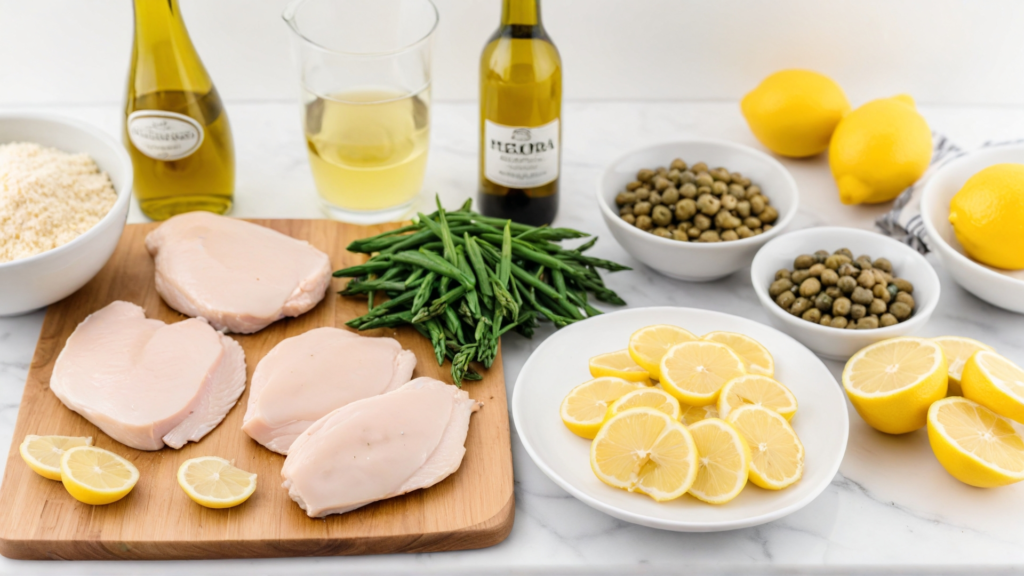 Ingredients for gluten-free chicken piccata including chicken breasts, almond flour, lemon, capers, olive oil, and coconut milk arranged on a kitchen counter.