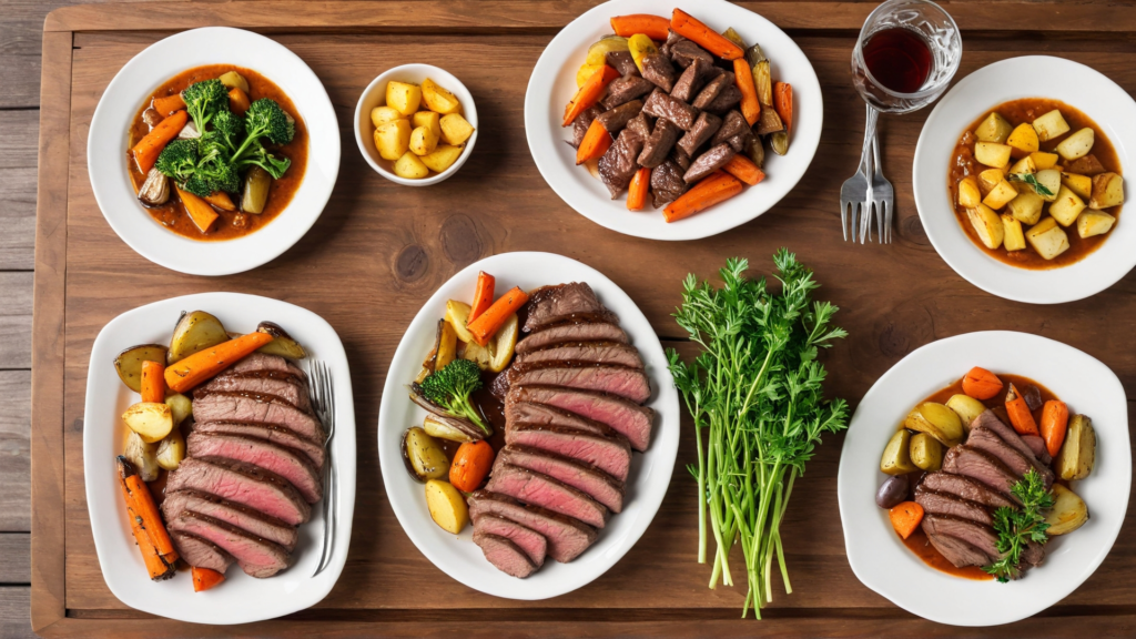 A beautifully plated dish of tender deer meat cube steaks with roasted vegetables, fresh herbs, and a rustic setting.