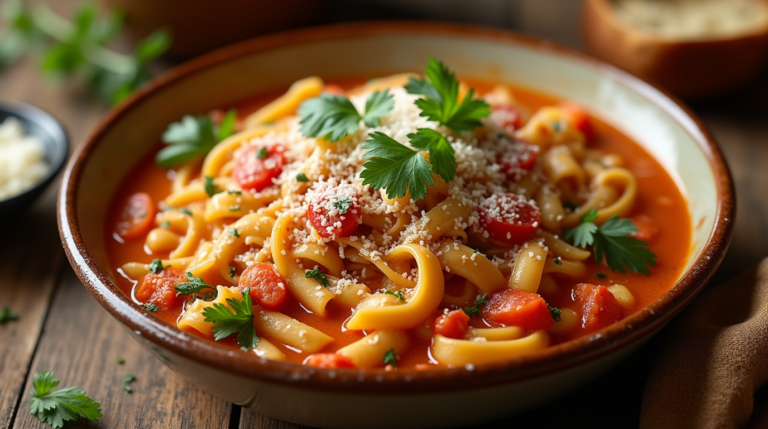 Steaming bowl of pasta fazool featuring tender chicken, white cannellini beans, and ditalini pasta in a rich tomato broth, garnished with fresh parsley and grated parmesan