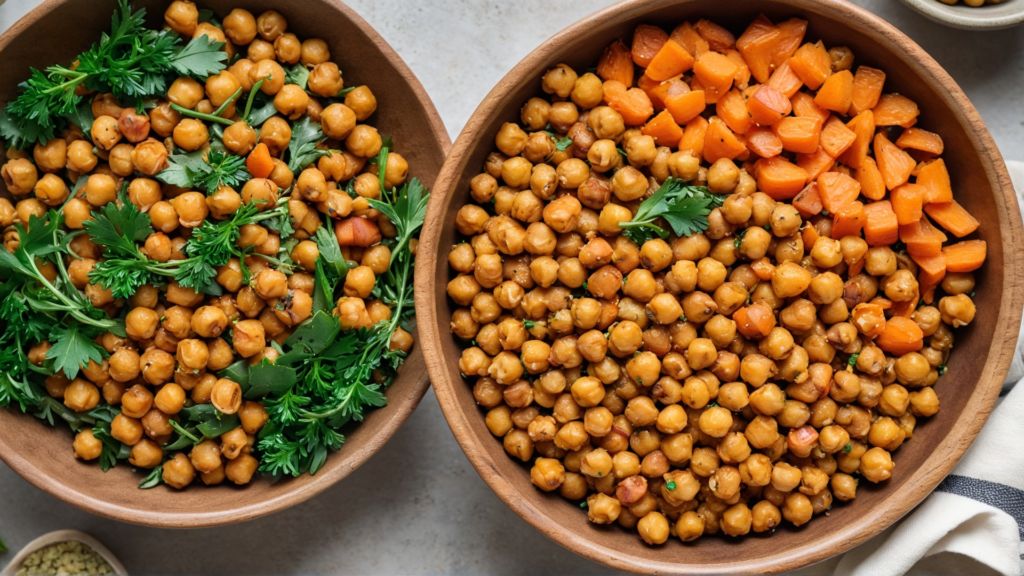 A bowl of roasted chickpea and carrot salad, featuring crispy roasted chickpeas, caramelized carrots, fresh greens, and a drizzle of olive oil.