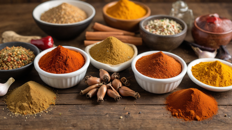 Smoked chicken rub and spices arranged on a rustic wooden table with grilled chicken in the background.