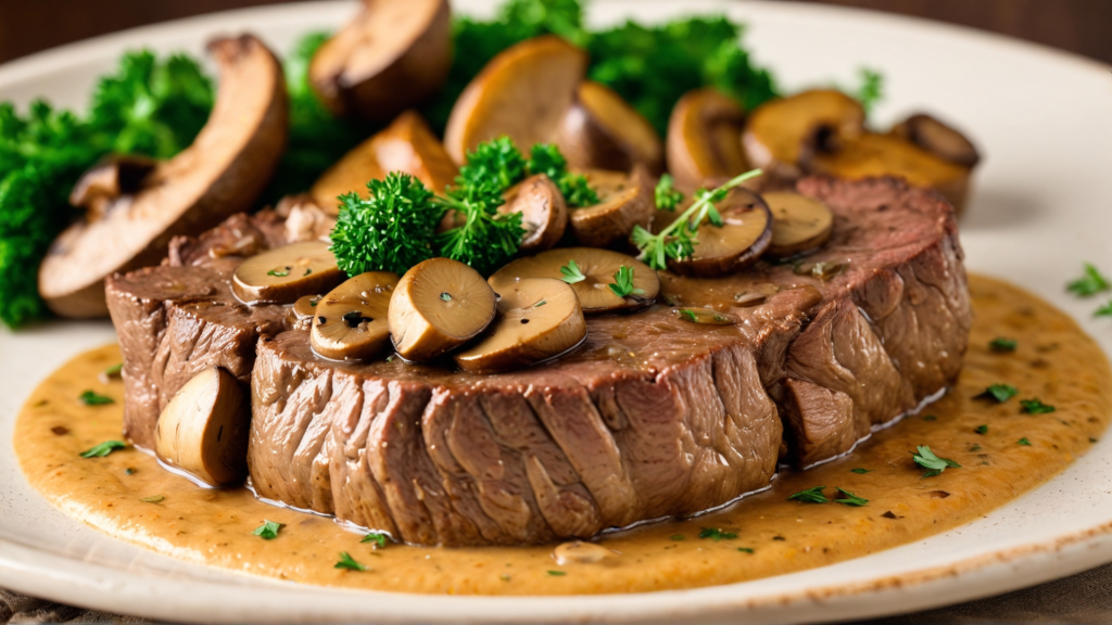 Savory venison cube steak topped with rich mushroom sauce, garnished with chopped parsley and whole mushrooms, served on a rustic plate.