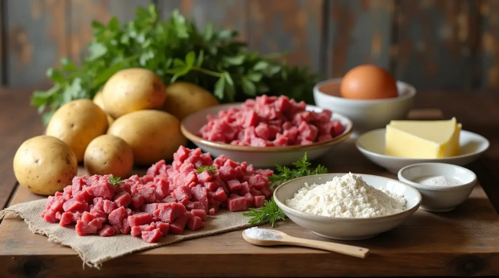 ingredients for making chipped beef and potato dumplings